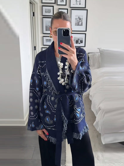 Tassel Embroidered Lace-Up Knit Shawl Cardigan