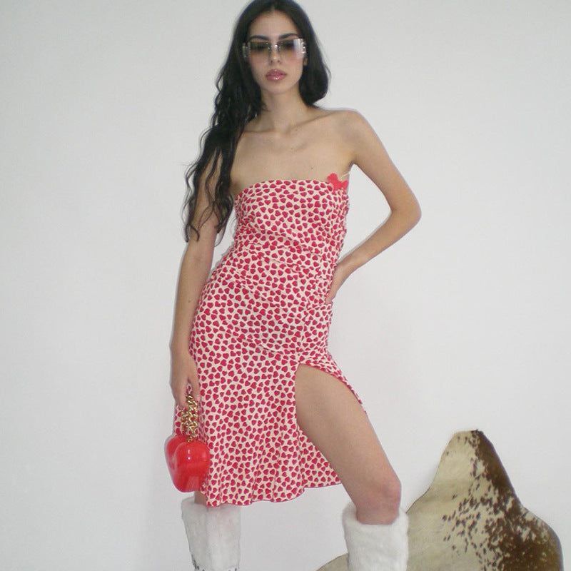 French Heart Print Strapless Dress