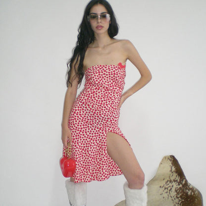 French Heart Print Strapless Dress