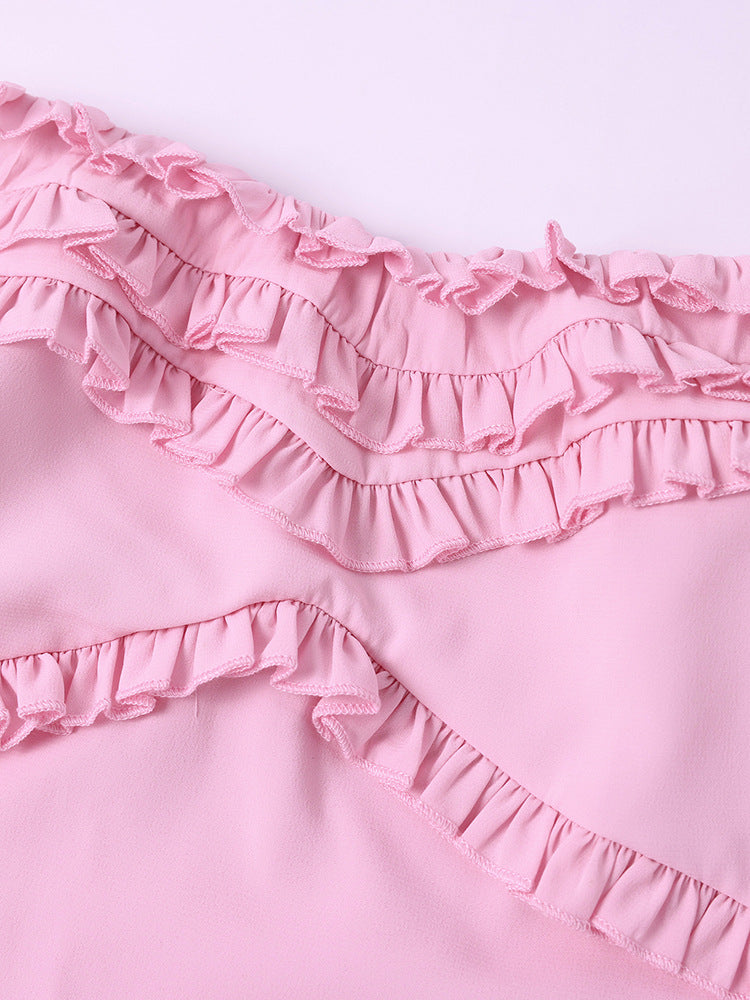 Chiffon Tube Top Dress Sexy Backless Wooden Ear Smocking Stitching Hip Dress