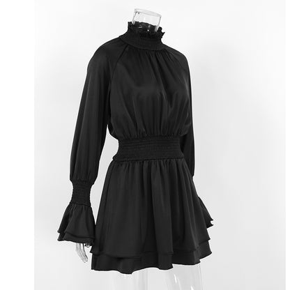 French Satin High-Neck A-Line Dress