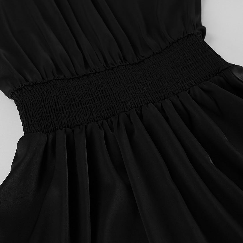 French Satin High-Neck A-Line Dress