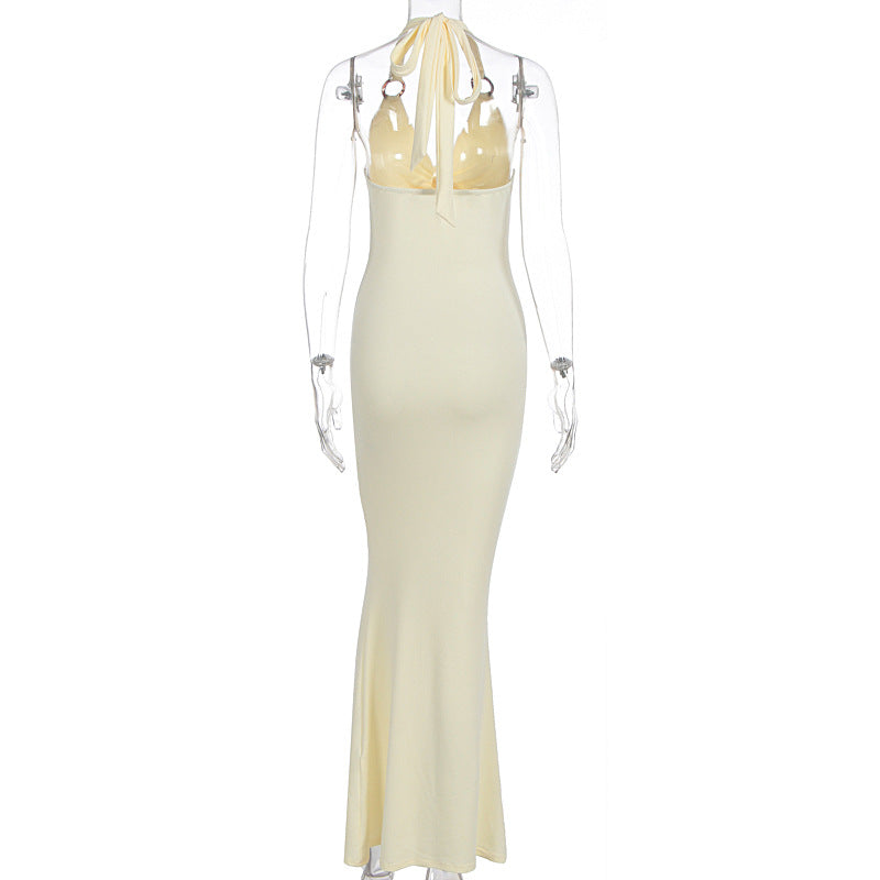 Summer Women Clothing Sexy Solid Color Halter Hollow Out Cutout Slim Slimming Dress