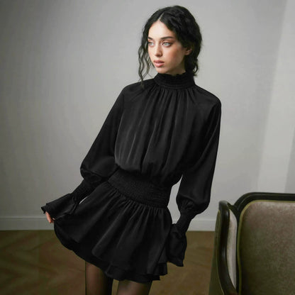 French Satin High-Neck A-Line Dress