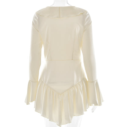 Patchwork Ruffled Slim Fit Sexy V neck Bandage Women Clothing Dress