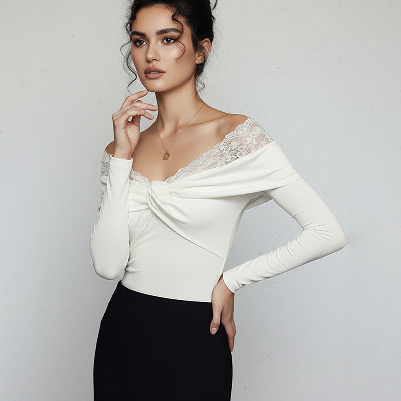Elegant Lace Slim Top Patchwork Cold Shoulder White Long Sleeve Twist Knot Jumpsuit
