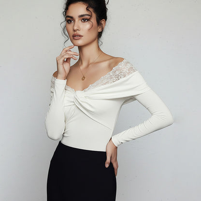 Elegant Lace Slim Top Patchwork Cold Shoulder White Long Sleeve Twist Knot Jumpsuit