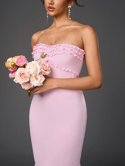 Chiffon Tube Top Dress Sexy Backless Wooden Ear Smocking Stitching Hip Dress