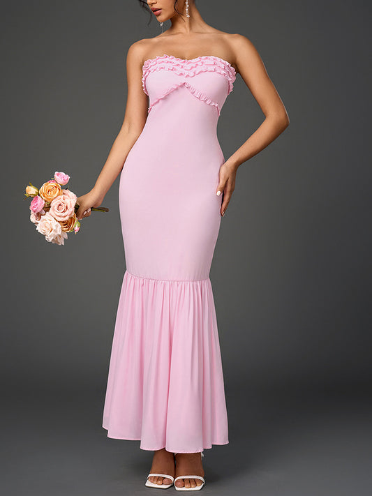 Chiffon Tube Top Dress Sexy Backless Wooden Ear Smocking Stitching Hip Dress