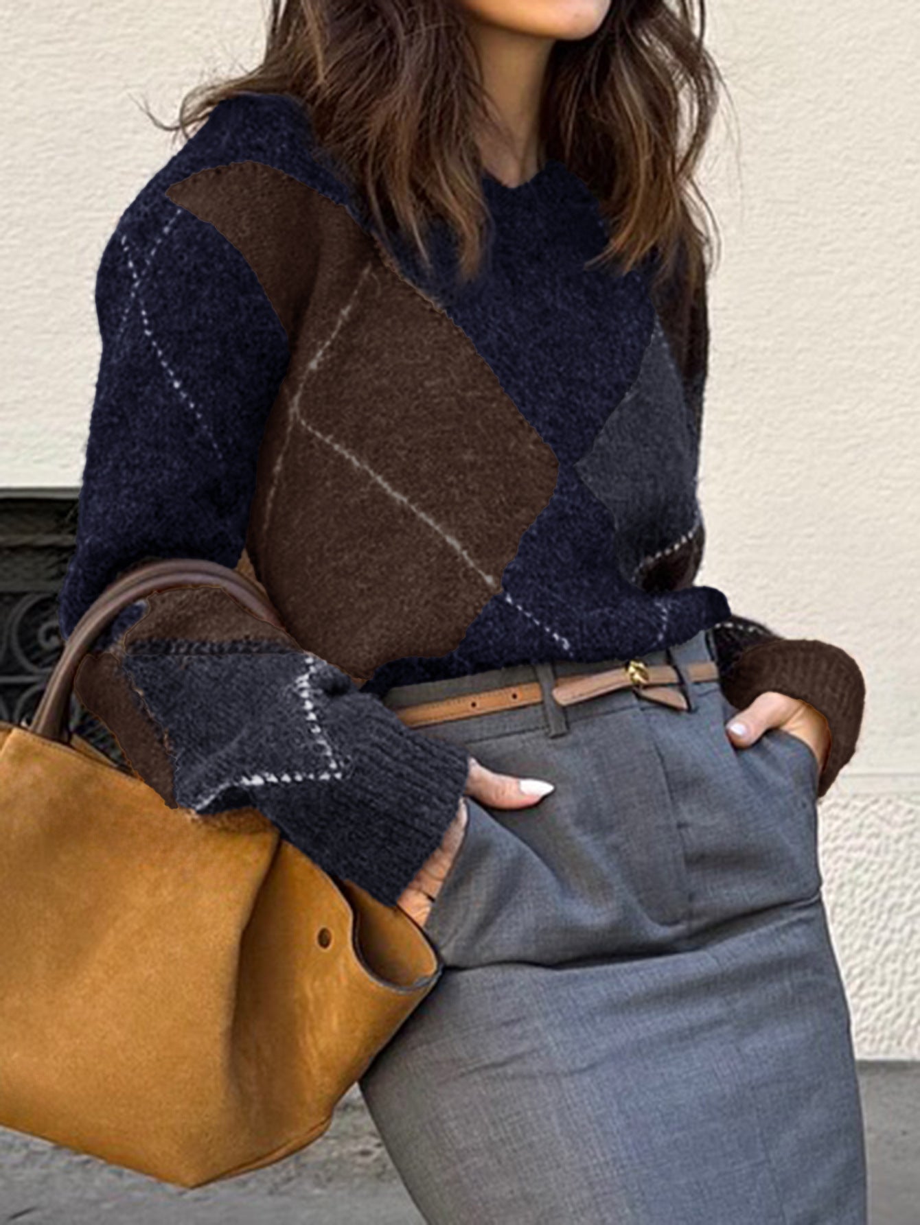 Casual Holiday Color Matching Long Sleeve Woolen Sweaters Women Clothing Autumn Winter