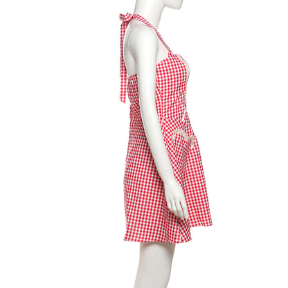 Summer Women Clothing Sexy Halter Contrast Color Slim Fit Slimming Lace up Plaid Dress
