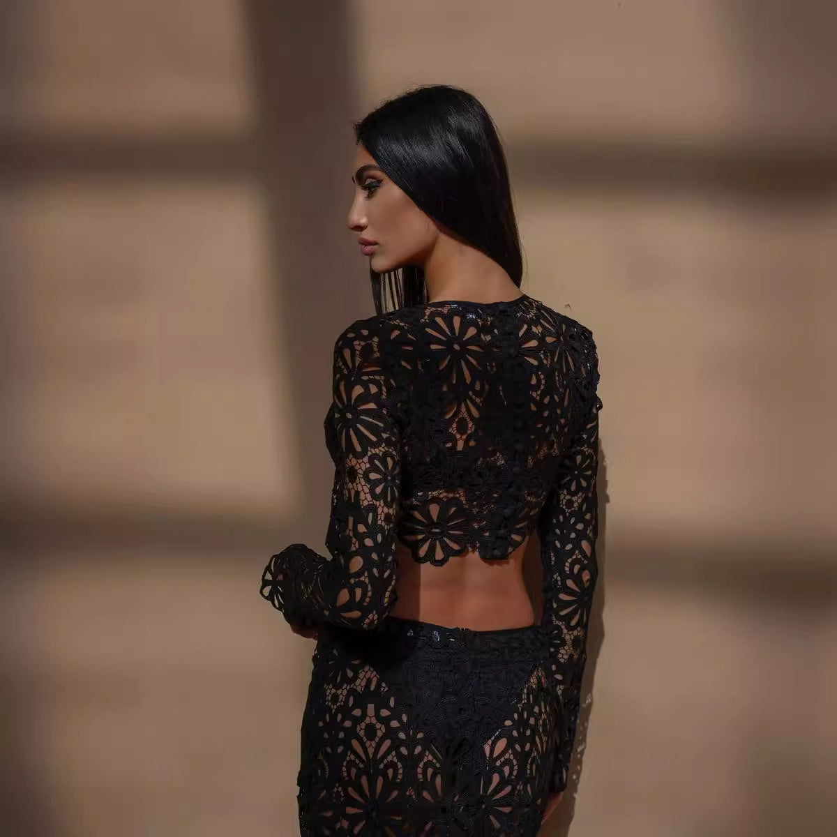 Slim Fit Hollow Out Cutout out Lace Tops Skirt Two Piece Set