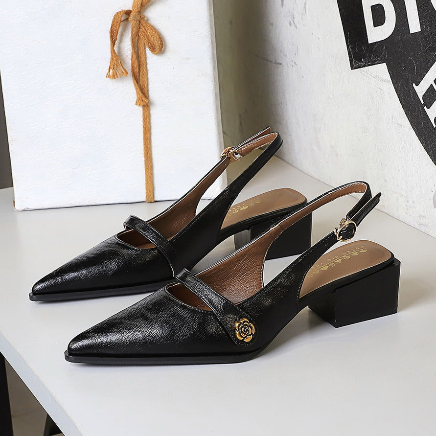 Retro Brown Camellia Pumps Word with Chunky Heel Low Heel Back Empty Back Strap Women Shoes