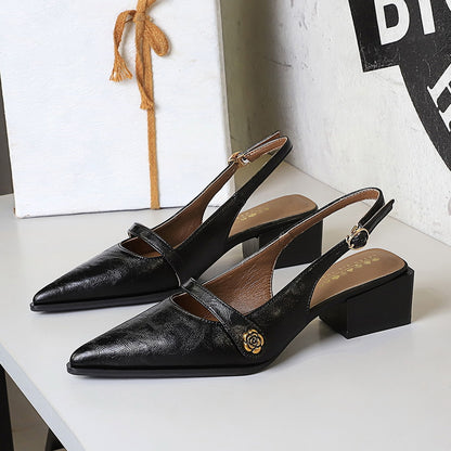 Retro Brown Camellia Pumps Word with Chunky Heel Low Heel Back Empty Back Strap Women Shoes