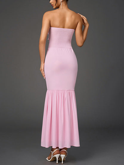 Chiffon Tube Top Dress Sexy Backless Wooden Ear Smocking Stitching Hip Dress