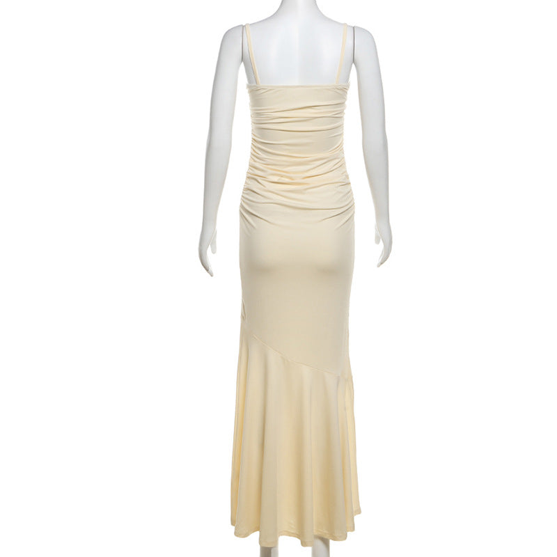 Spring Summer Women Lightly Mature Cami Dress Pure Sexy Lace Pleated Dress