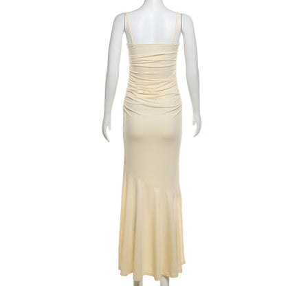 Spring Summer Women Lightly Mature Cami Dress Pure Sexy Lace Pleated Dress