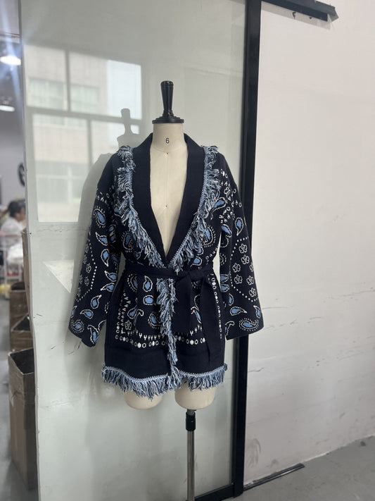 Tassel Embroidered Lace-Up Knit Shawl Cardigan