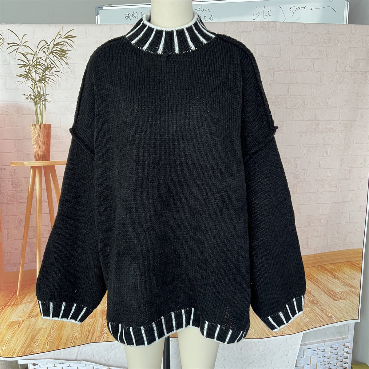 Oversized Turtleneck Contrast Trim Sweater
