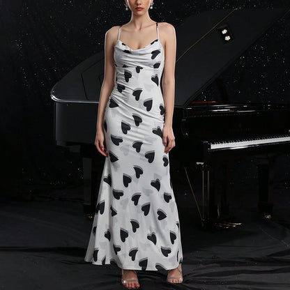 Heart Print Backless Sling Maxi Dress