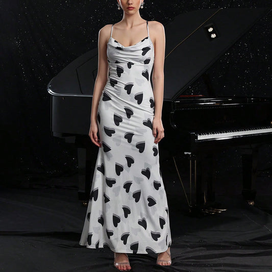 Heart Print Backless Sling Maxi Dress