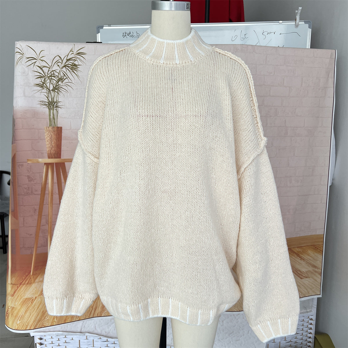 Oversized Turtleneck Contrast Trim Sweater