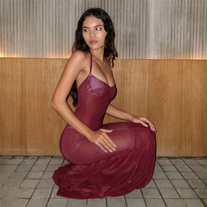 Women Clothing Spring Summer Sexy Mesh Solid Color See through Slim Halter Lace up Dress