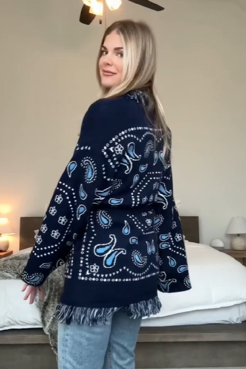 Tassel Embroidered Lace-Up Knit Shawl Cardigan