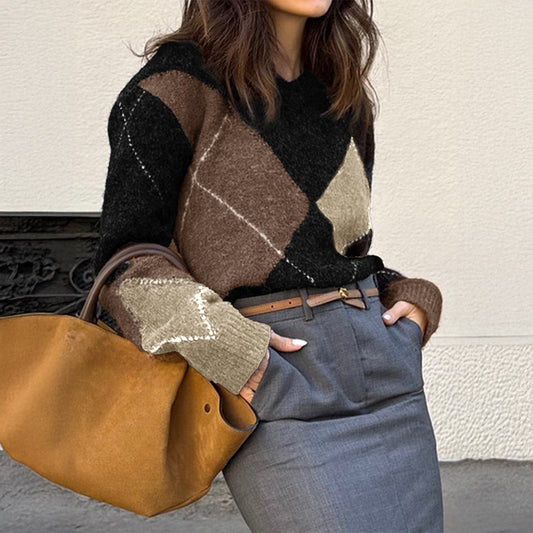 Casual Holiday Color Matching Long Sleeve Woolen Sweaters Women Clothing Autumn Winter