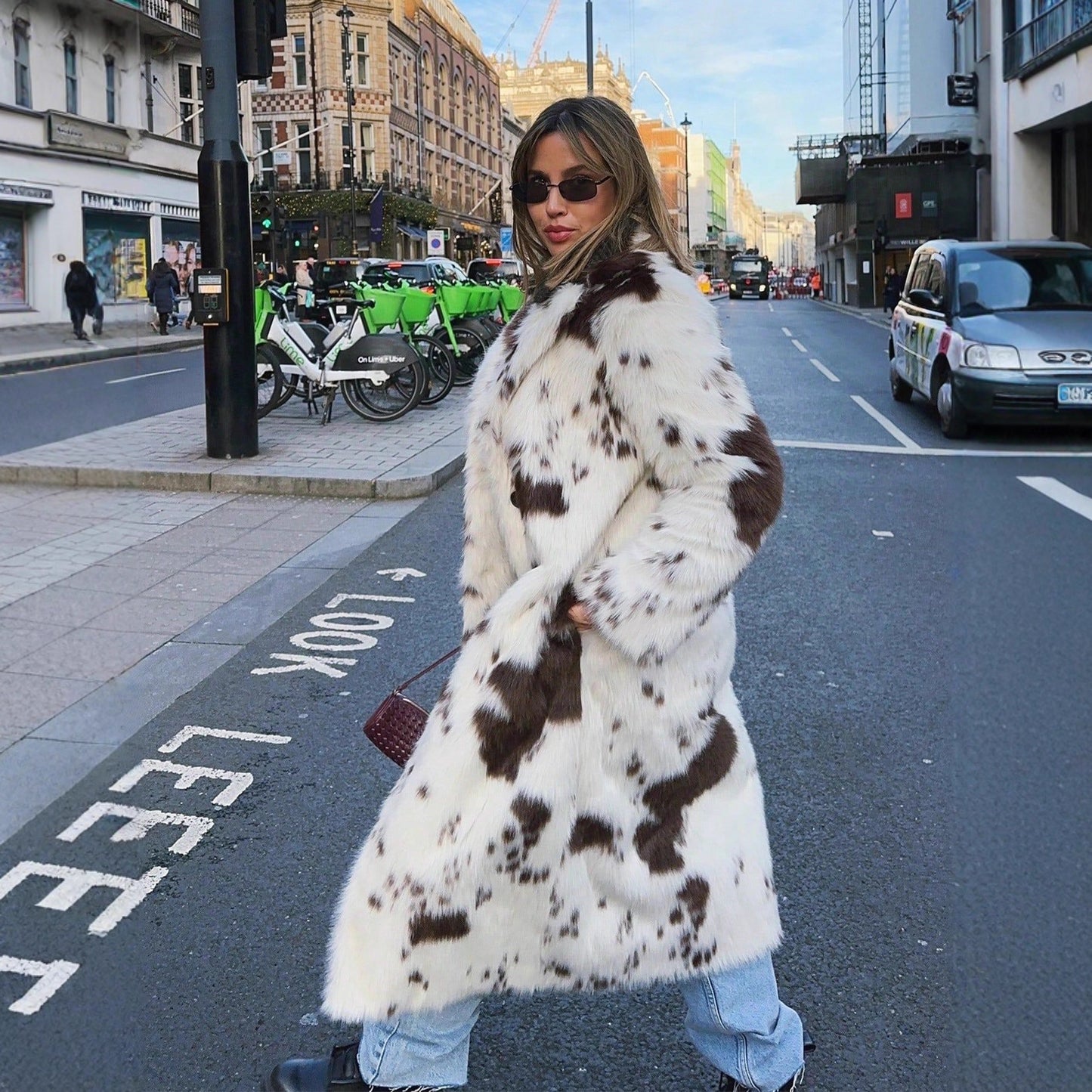 Contrast Color Animal Pattern Faux Fur Coat Women Autumn Winter High Sense Fox Fur Extended Plush Coat