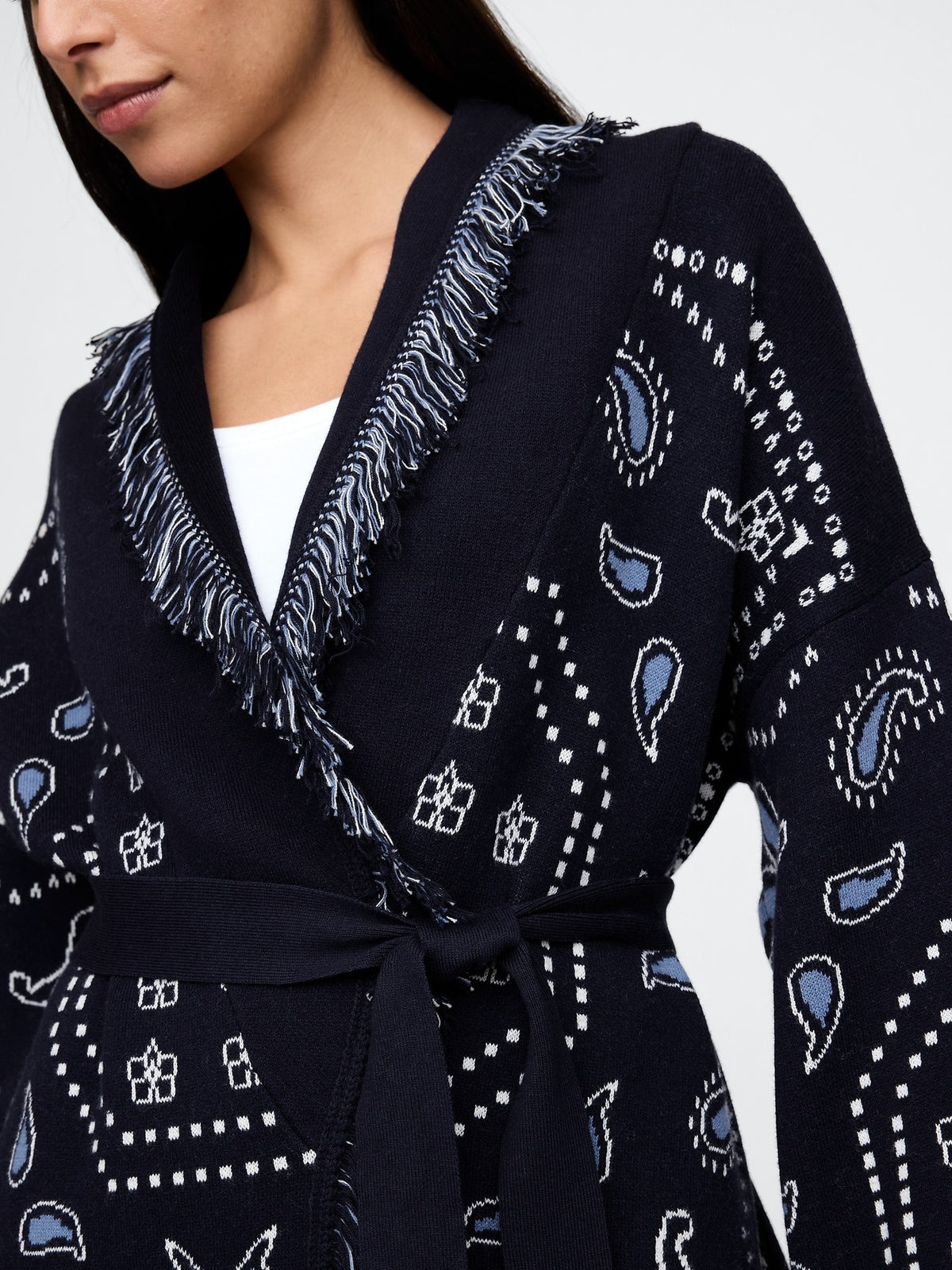 Tassel Embroidered Lace-Up Knit Shawl Cardigan