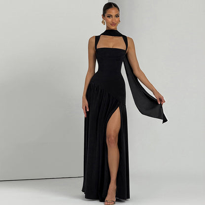 Scarf Detail Long Slit Dress