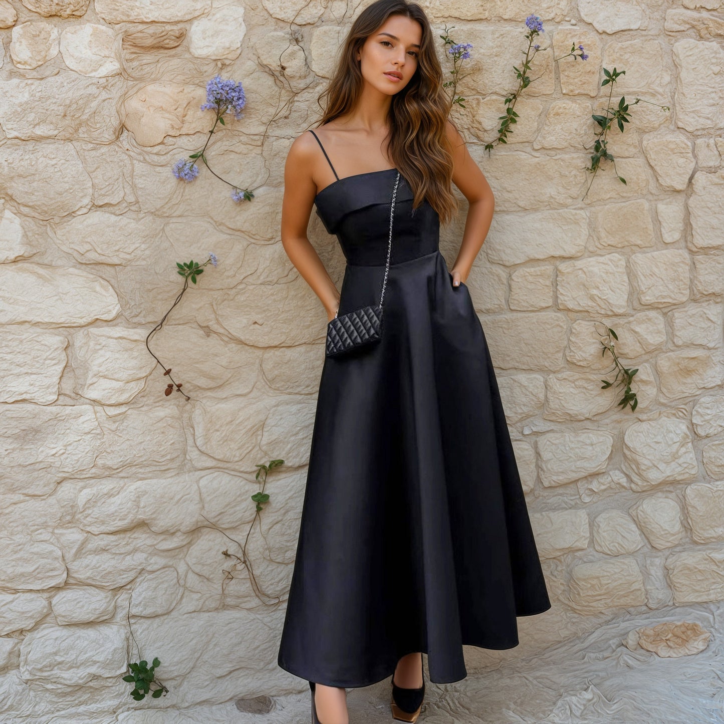 French Satin Strap Evening Dress