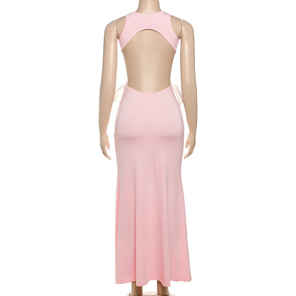 Spring Summer Women Clothing Sexy Sexy Slim Hollow Out Cutout round Neck Bowknot Backless Dress Women