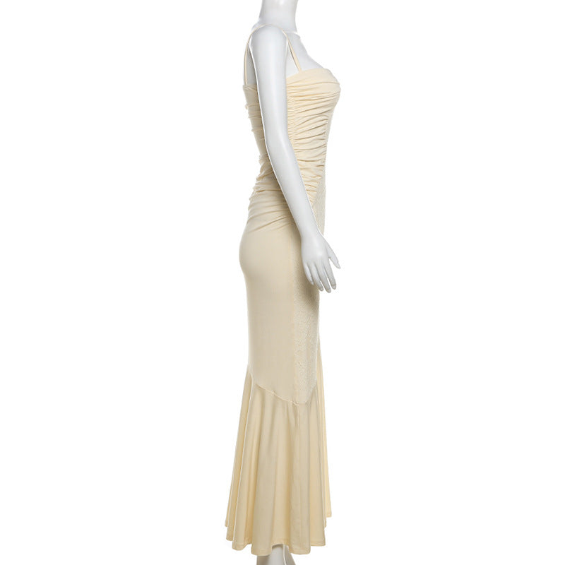 Spring Summer Women Lightly Mature Cami Dress Pure Sexy Lace Pleated Dress