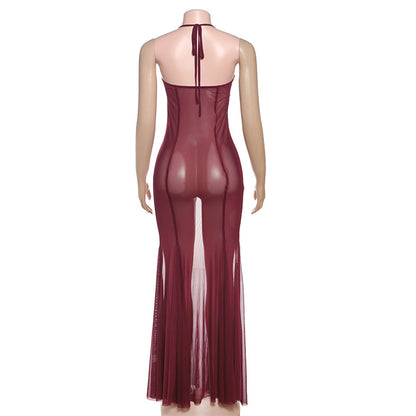 Women Clothing Spring Summer Sexy Mesh Solid Color See through Slim Halter Lace up Dress
