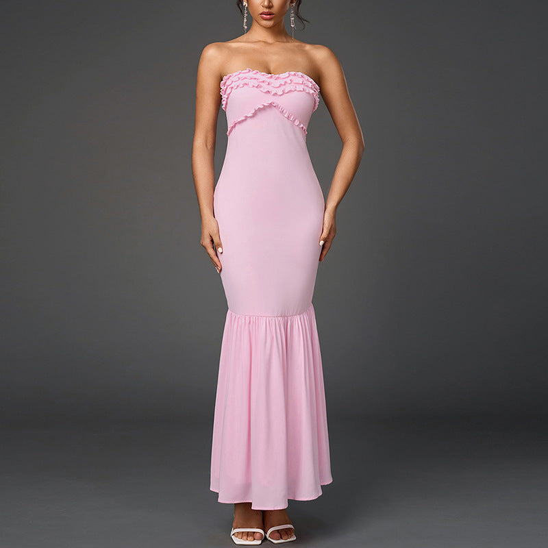 Chiffon Tube Top Dress Sexy Backless Wooden Ear Smocking Stitching Hip Dress