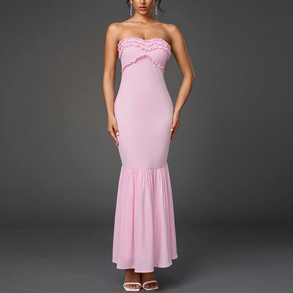 Chiffon Tube Top Dress Sexy Backless Wooden Ear Smocking Stitching Hip Dress