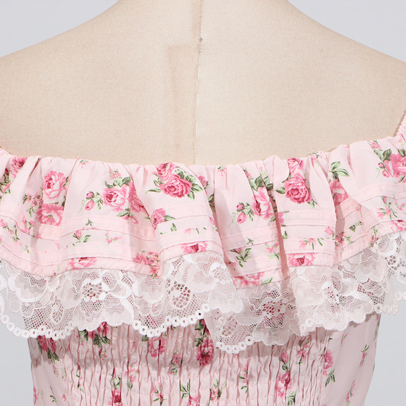 French Sexy Summer off Shoulder Lace Edge Waist Controlled Slim Fit Slimming High Grade Design Dress