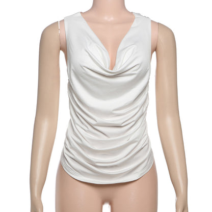 Spring Women Clothing Solid Color Sexy Pile Collar Backless Pleated Slim Vest for Women