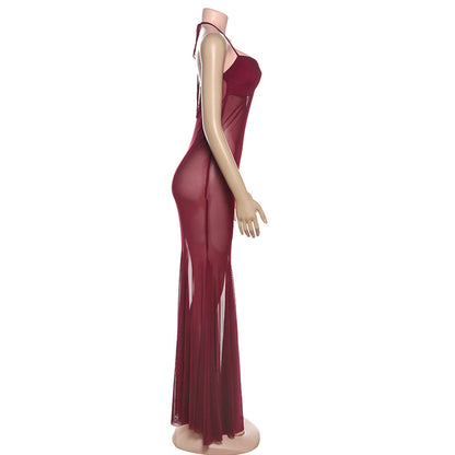 Women Clothing Spring Summer Sexy Mesh Solid Color See through Slim Halter Lace up Dress