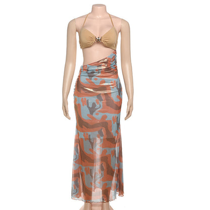 Spring Summer Women Clothing Sexy Bright Color Halter Lace up Slim Fit Hip Spaghetti Straps Dress