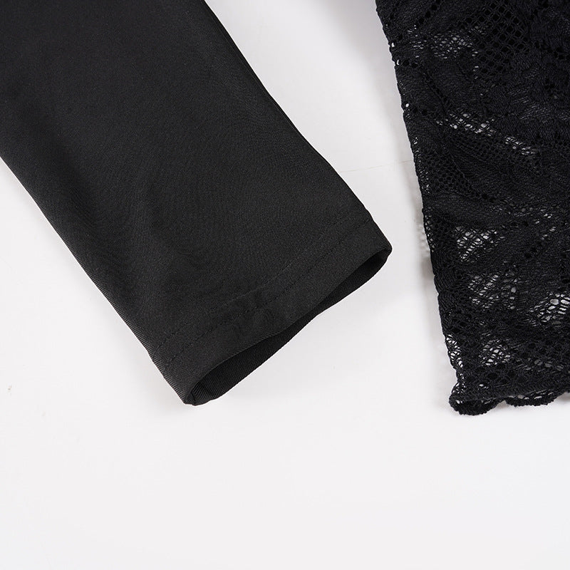 Women Design Slant Shoulder Sexy Top Sexy Cutout Lace Stitching See through Waist-Exposure T shirt