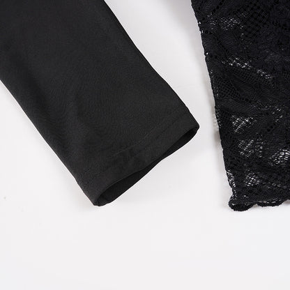 Women Design Slant Shoulder Sexy Top Sexy Cutout Lace Stitching See through Waist-Exposure T shirt