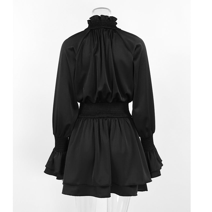 French Satin High-Neck A-Line Dress