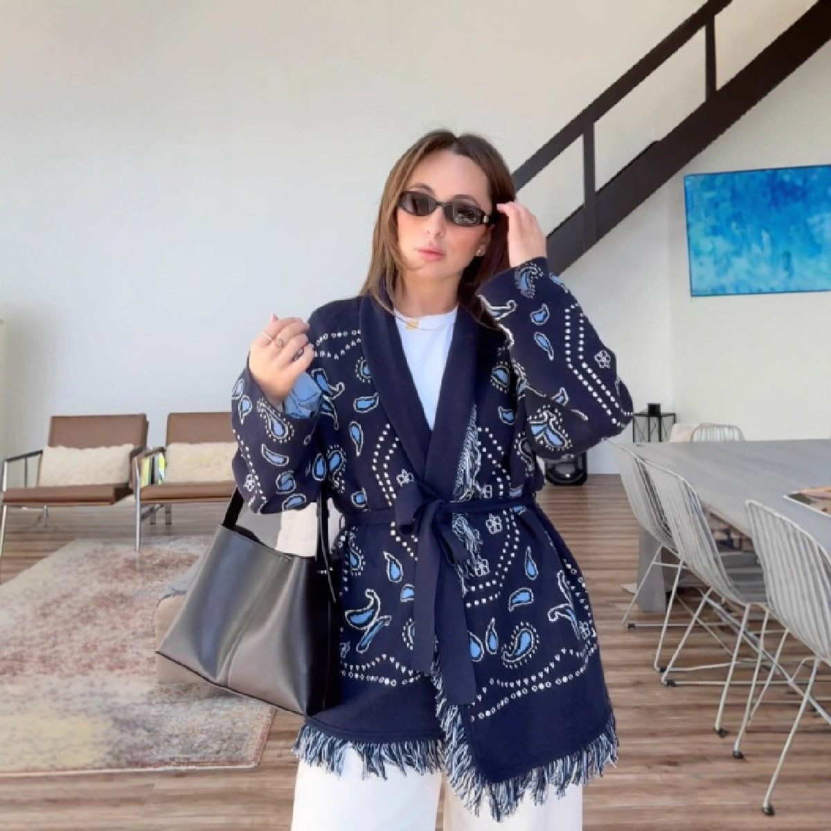 Tassel Embroidered Lace-Up Knit Shawl Cardigan