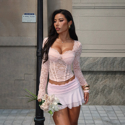 Boned Lace Long Sleeve Crop Top