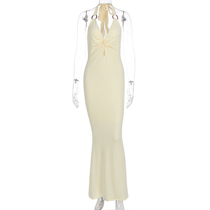 Summer Women Clothing Sexy Solid Color Halter Hollow Out Cutout Slim Slimming Dress
