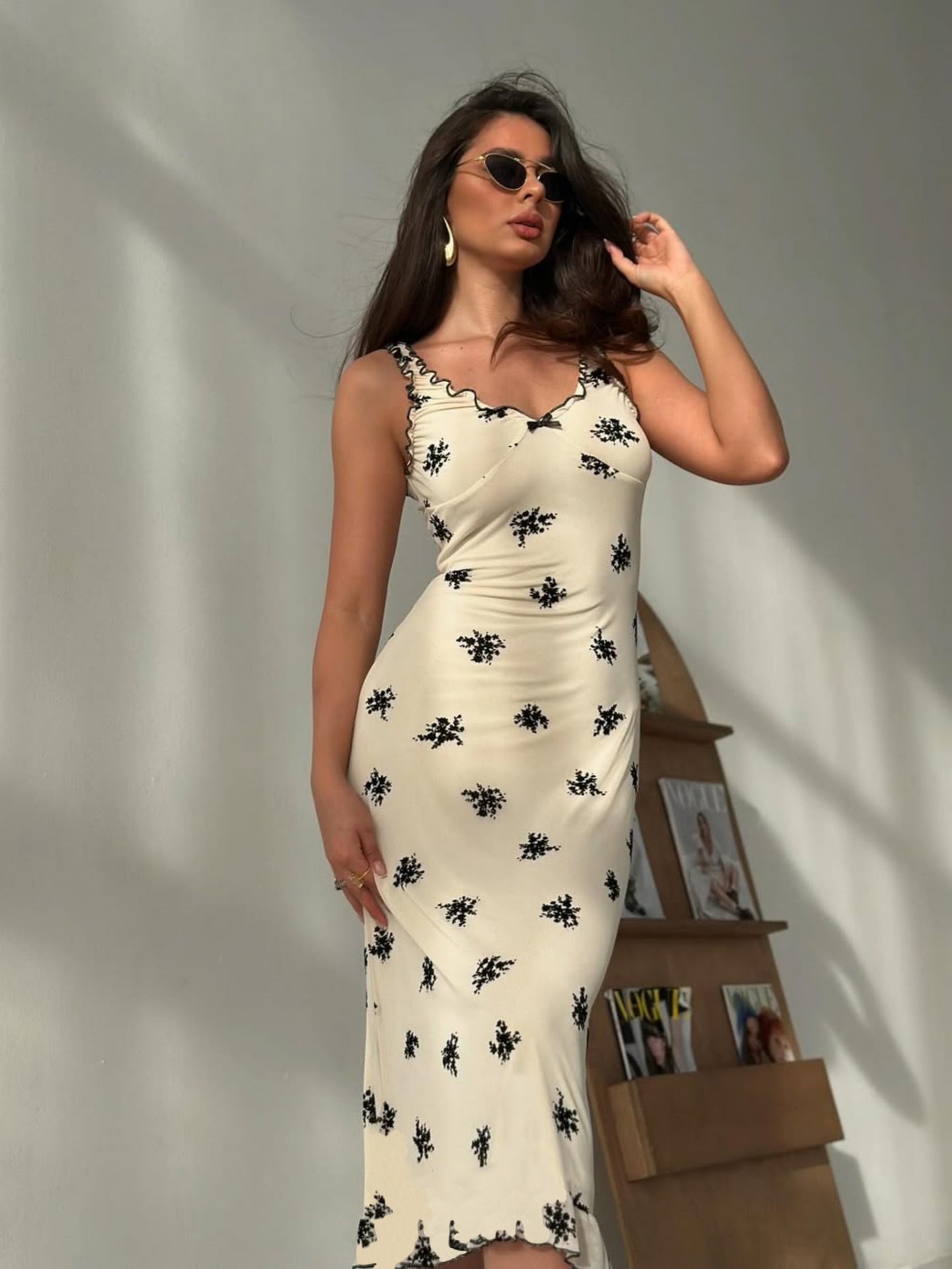 Summer French Sexy Bow V neck Strap Women Slim Hip Dress