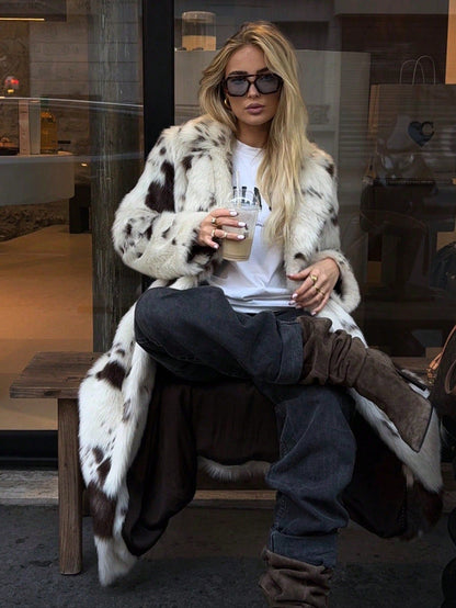 Contrast Color Animal Pattern Faux Fur Coat Women Autumn Winter High Sense Fox Fur Extended Plush Coat
